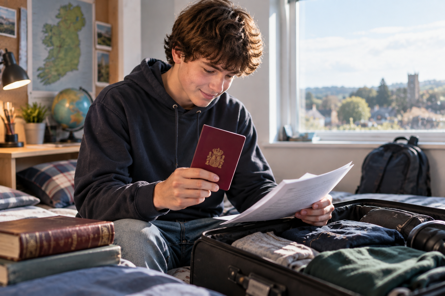 Un estudiante prepara su documentación y equipaje para regresar a España